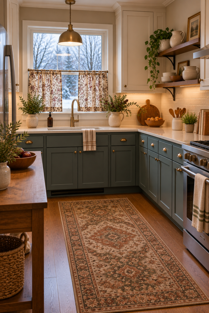 Cottage-style teal kitchen with cream upper cabinets, walnut open shelves, and a small floral café curtain.