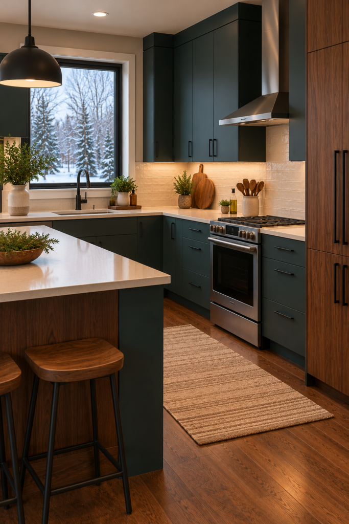 Modern kitchen with flat-panel deep teal cabinets, walnut accents, cream countertops, and minimal hardware.