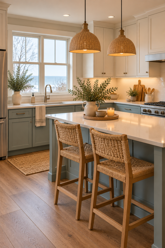 Coastal teal kitchen with muted gray-teal cabinets, medium oak, and natural woven counter stools.