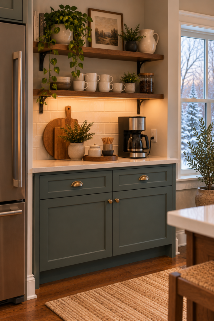 Teal coffee station with a walnut shelf, cream mugs, and a coffee maker on a dry countertop.