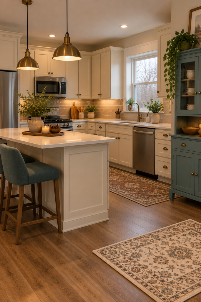 Kitchen with teal counter stools and a small teal freestanding cupboard against neutral cabinetry.