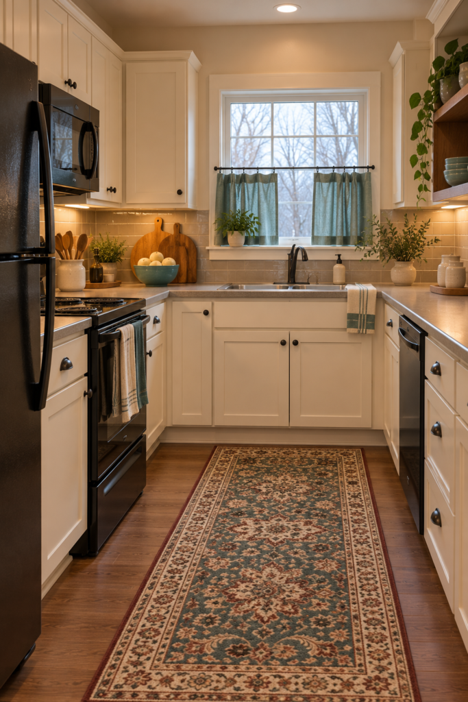 Kitchen countertop styled with teal ceramic bowls, a simple runner, and a small planter.