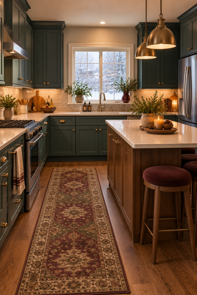 Fully coordinated teal kitchen with cream countertops, walnut accents, mushroom tile, aged-brass hardware, and warm lighting.