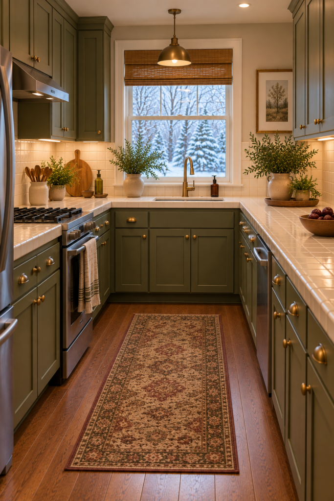 Kitchen countertop finished with warm cream square tile, muted olive cabinets, and walnut-look flooring.