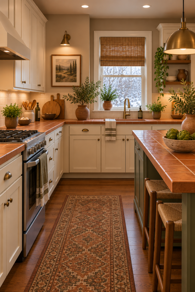 Terracotta-look tiled kitchen countertop paired with warm cream cabinetry and olive accents.