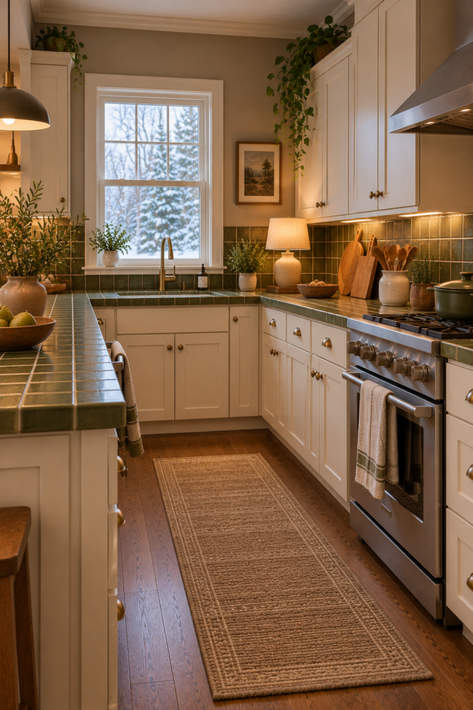 Muted olive tile countertop with cream cabinets, walnut accents, and warm neutral walls.