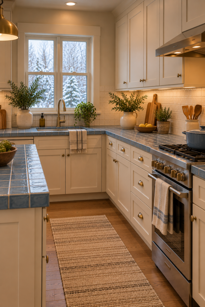 Dusty blue tile countertop paired with warm cream cabinets, medium oak, and aged-brass-style hardware.