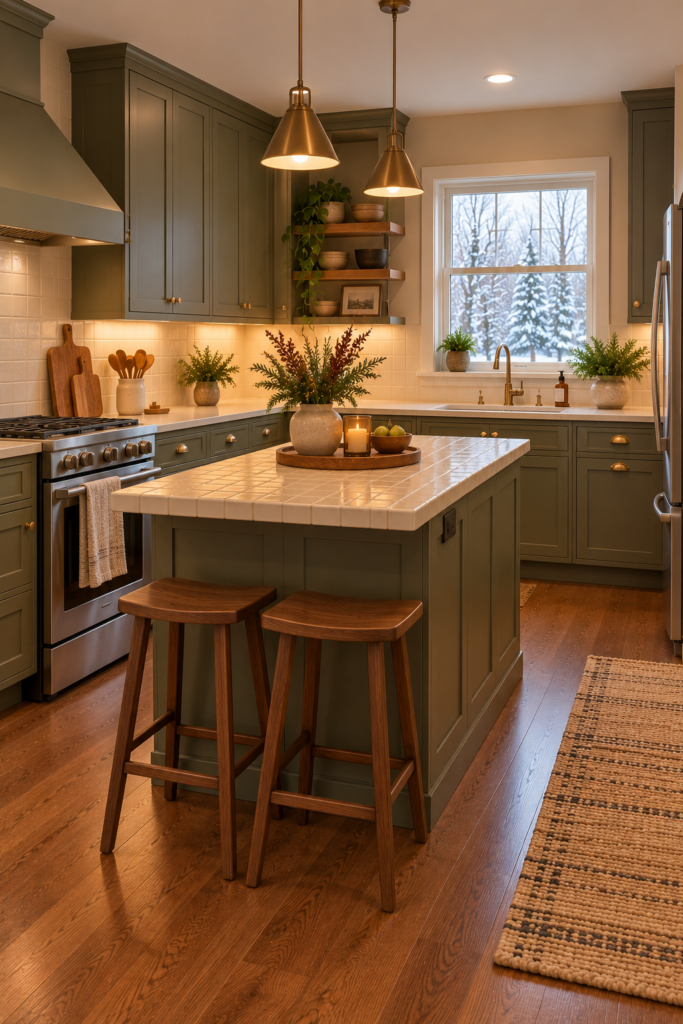 Kitchen island with a warm cream tiled countertop and perimeter counters in a simple solid surface.