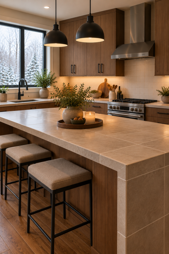 Large-format warm neutral tile countertop with coordinated grout and flat-panel walnut cabinetry.