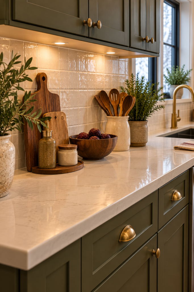 Handmade-look cream tile countertop with subtle surface variation and natural wood cabinets.