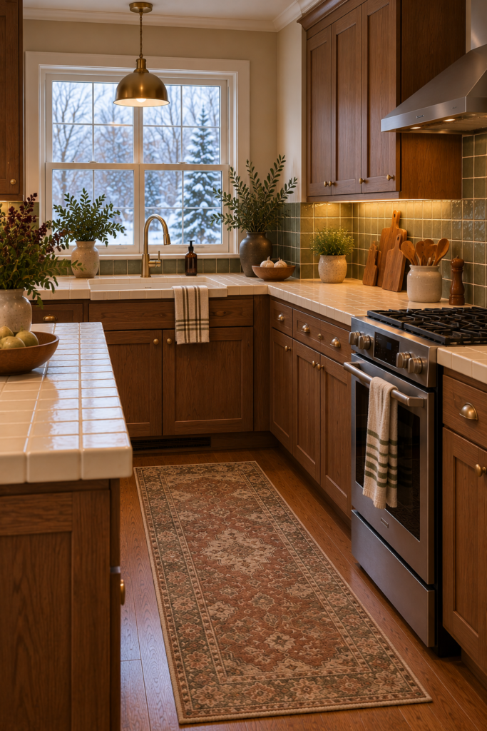 Kitchen with cream tile countertops and a muted green backsplash in complementary tile finishes.