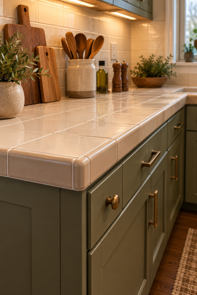 Tiled kitchen countertop with coordinated edge trim and carefully finished sink transitions.