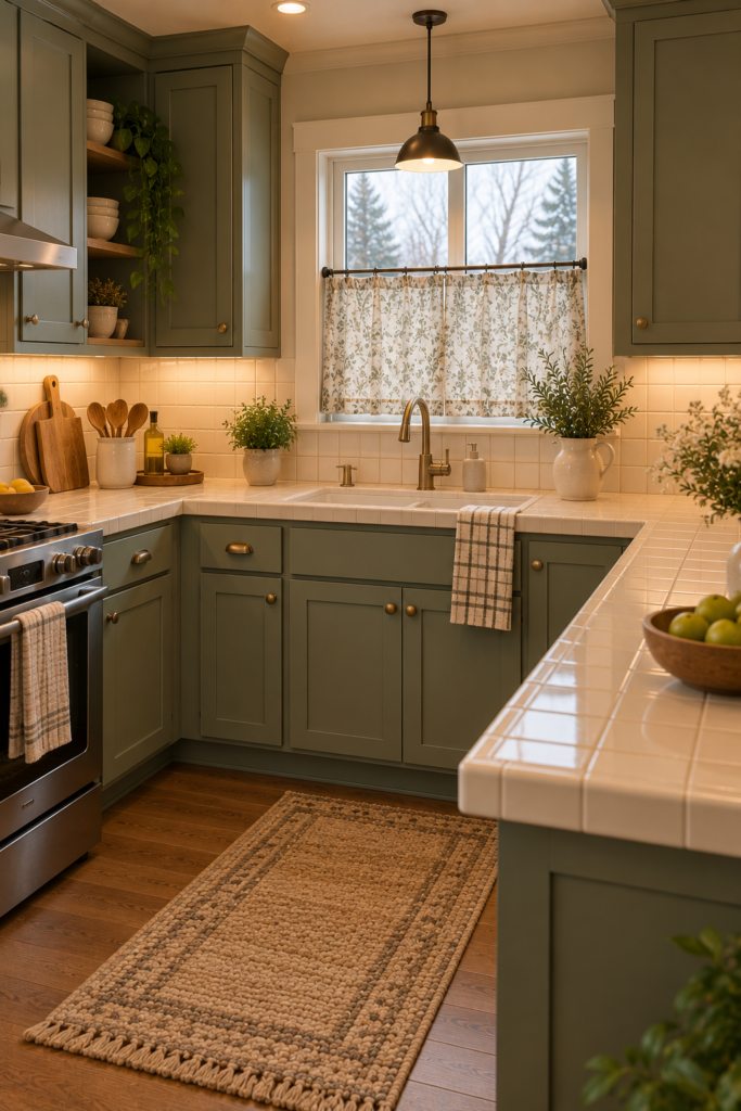 Cottage kitchen with warm cream square tile counters, muted green cabinetry, walnut accents, and a floral café curtain.