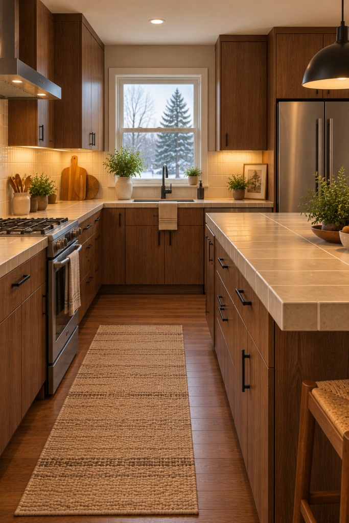 Modern kitchen with large warm mushroom countertop tiles, color-matched grout, and flat-panel walnut cabinets.