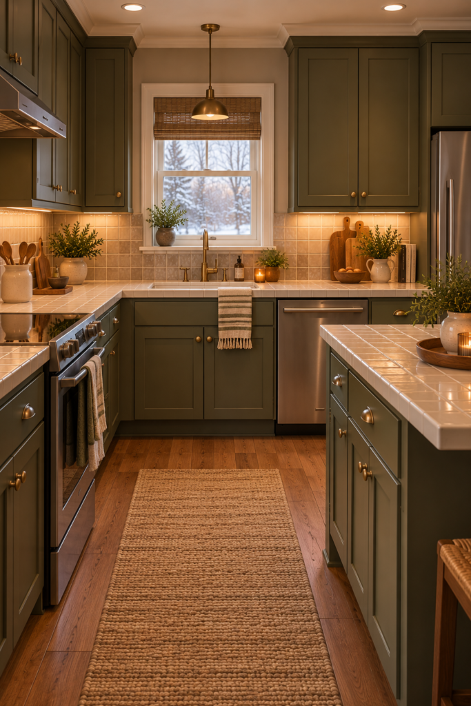 Coordinated kitchen with cream tile countertops, olive cabinets, walnut flooring, mushroom backsplash tile, and brass hardware.