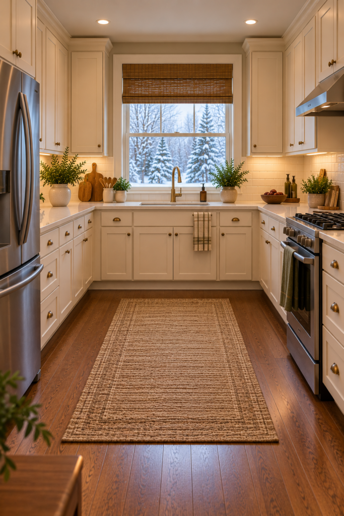 Classic U-shaped kitchen with cabinetry and countertops along three walls and an open central aisle.