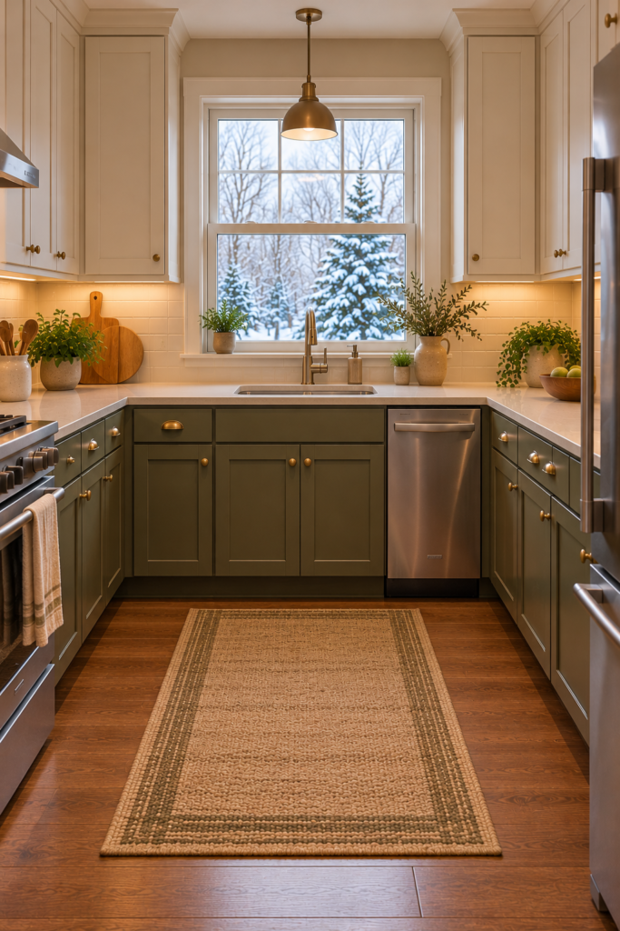 U-shaped kitchen with a sink beneath a window, nearby dishwasher, and clear countertop space.