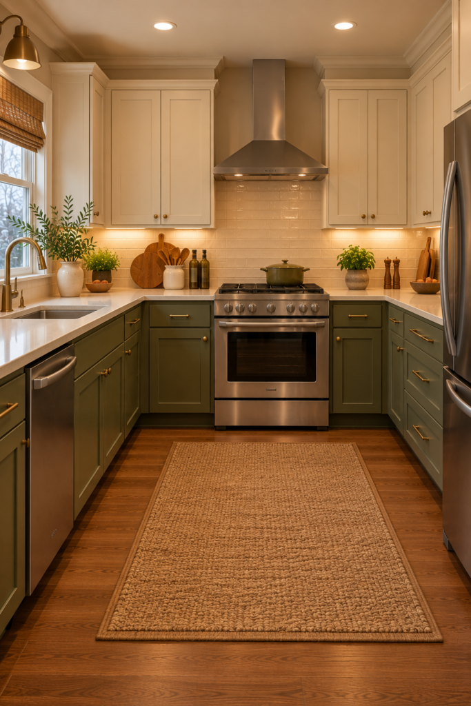 U-shaped kitchen with a range on the back wall, landing space on both sides, and coordinated cabinetry.