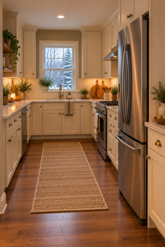 U-shaped kitchen with a refrigerator near the entrance and accessible counter space beside it.
