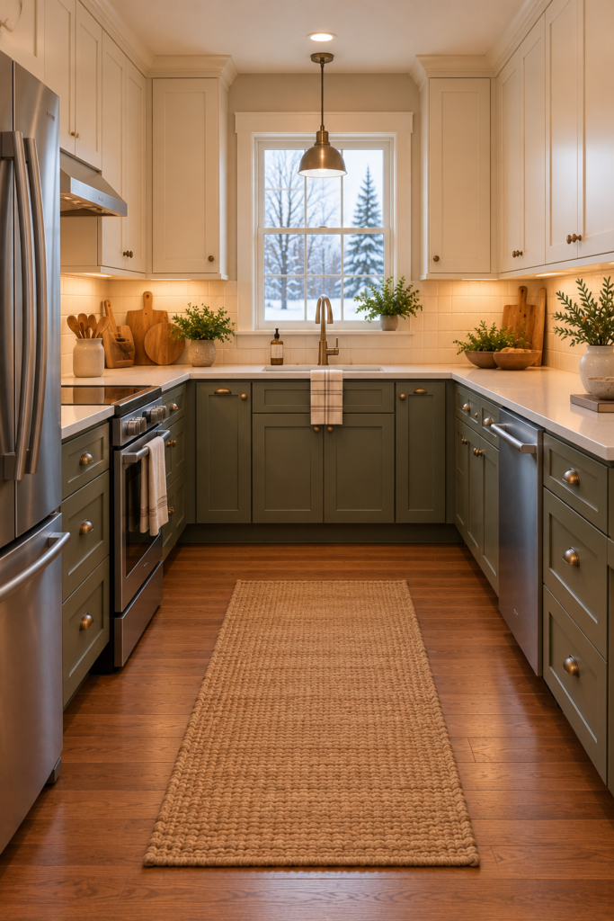 Narrow U-shaped kitchen with an open central aisle and no island blocking cabinet access.