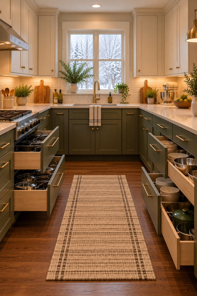 U-shaped kitchen with deep lower drawers for pots, pans, bowls, and food containers.