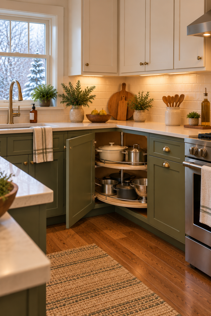 U-shaped kitchen corner with a built-in storage organizer and neatly arranged cookware.