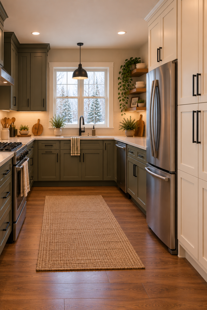 U-shaped kitchen with a tall pantry cabinet beside the refrigerator and additional lower storage.