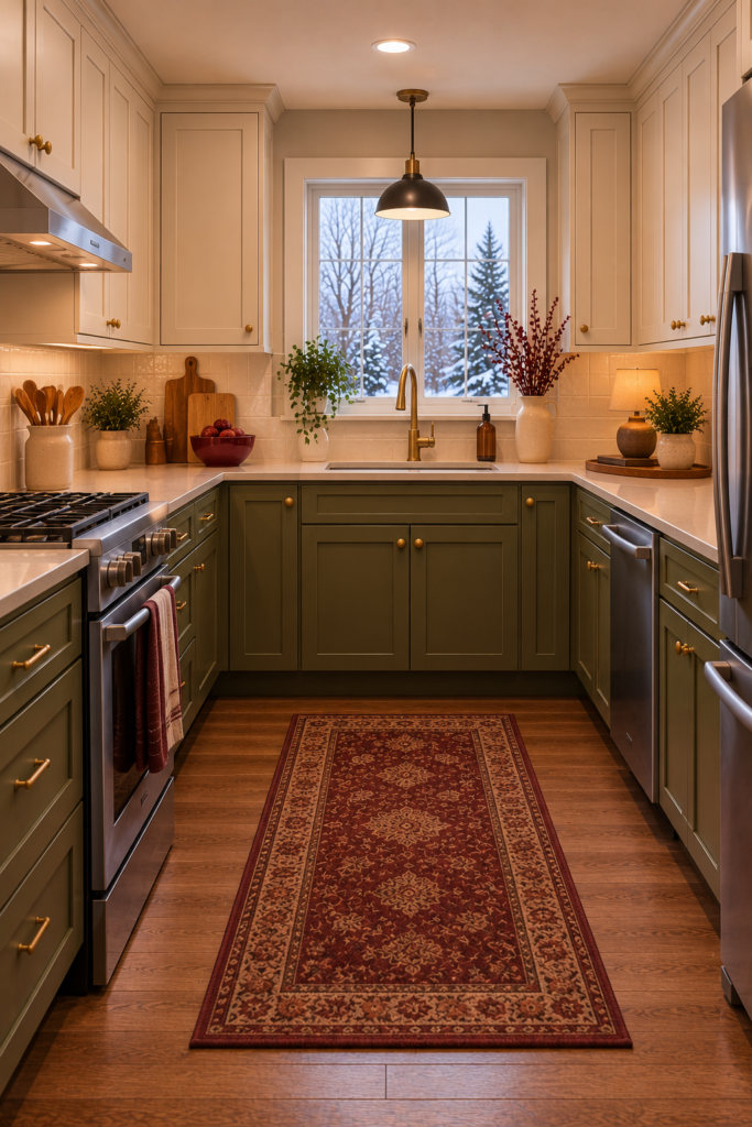 Two-tone U-shaped kitchen with warm cream upper cabinets, muted olive lower cabinets, and walnut-look flooring.