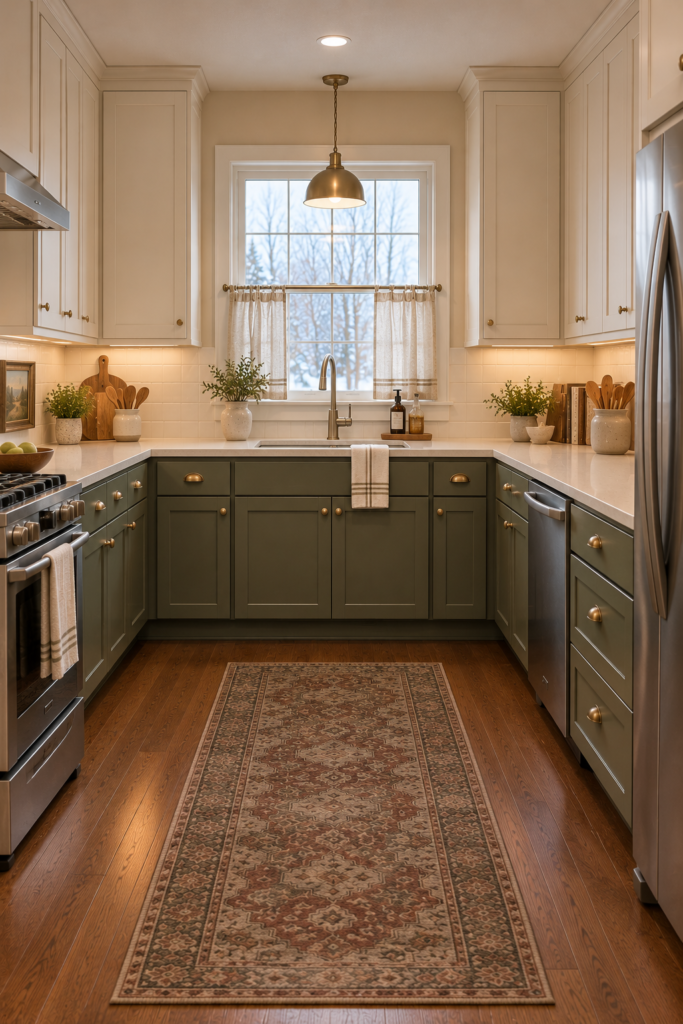 U-shaped kitchen with light cream upper cabinets and deeper green lower cabinetry.