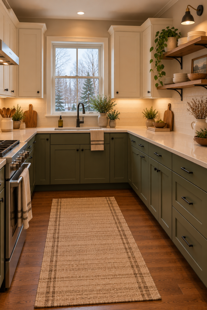 U-shaped kitchen with a section of walnut open shelving displaying everyday dishes beside closed cabinets.
