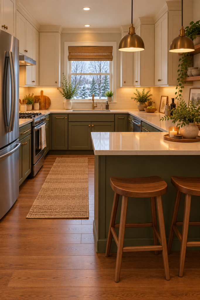 U-shaped kitchen peninsula with a breakfast counter and stools positioned outside the cooking aisle.