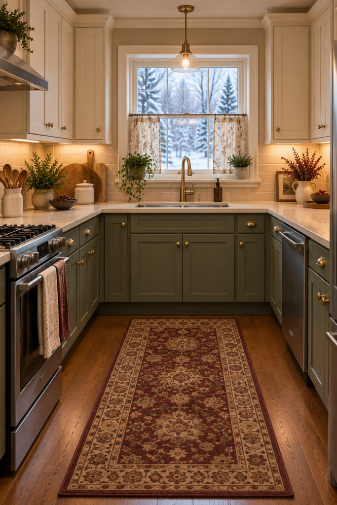 Cottage-style U-shaped kitchen with cream shaker cabinets, muted green lowers, wood accents, and a café curtain.