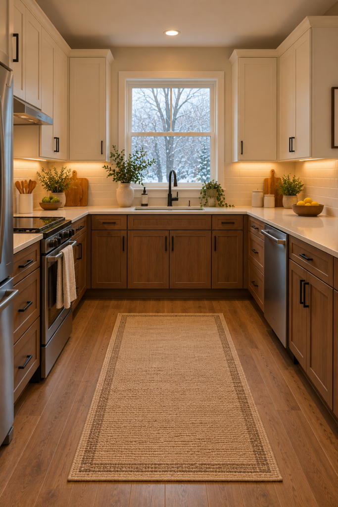 Modern U-shaped kitchen with flat-panel cream cabinets, walnut accents, simple counters, and under-cabinet lighting.