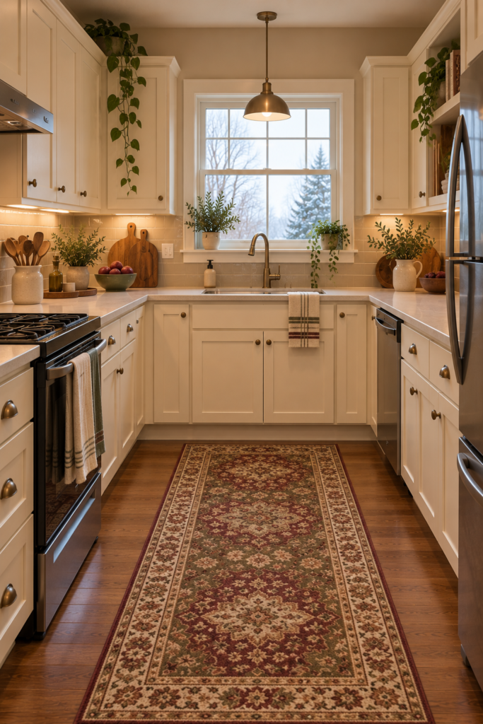 U-shaped kitchen with a low-profile neutral runner centered in the main aisle.