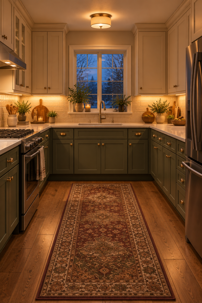 U-shaped kitchen with ceiling lighting and under-cabinet fixtures illuminating the sink, range, and preparation counters.