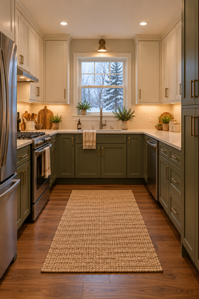 Balanced U-shaped kitchen with a window-side sink, nearby dishwasher, pantry storage, layered lighting, and an open center.
