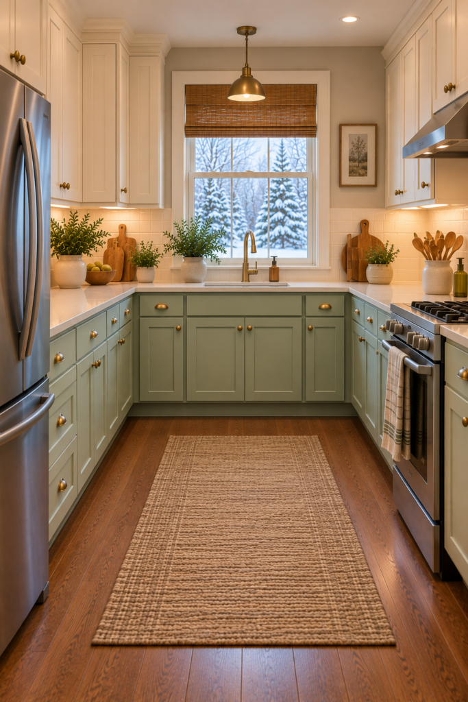 Kitchen with muted mint green lower cabinets, warm cream upper cabinets, light countertops, and walnut-look flooring.