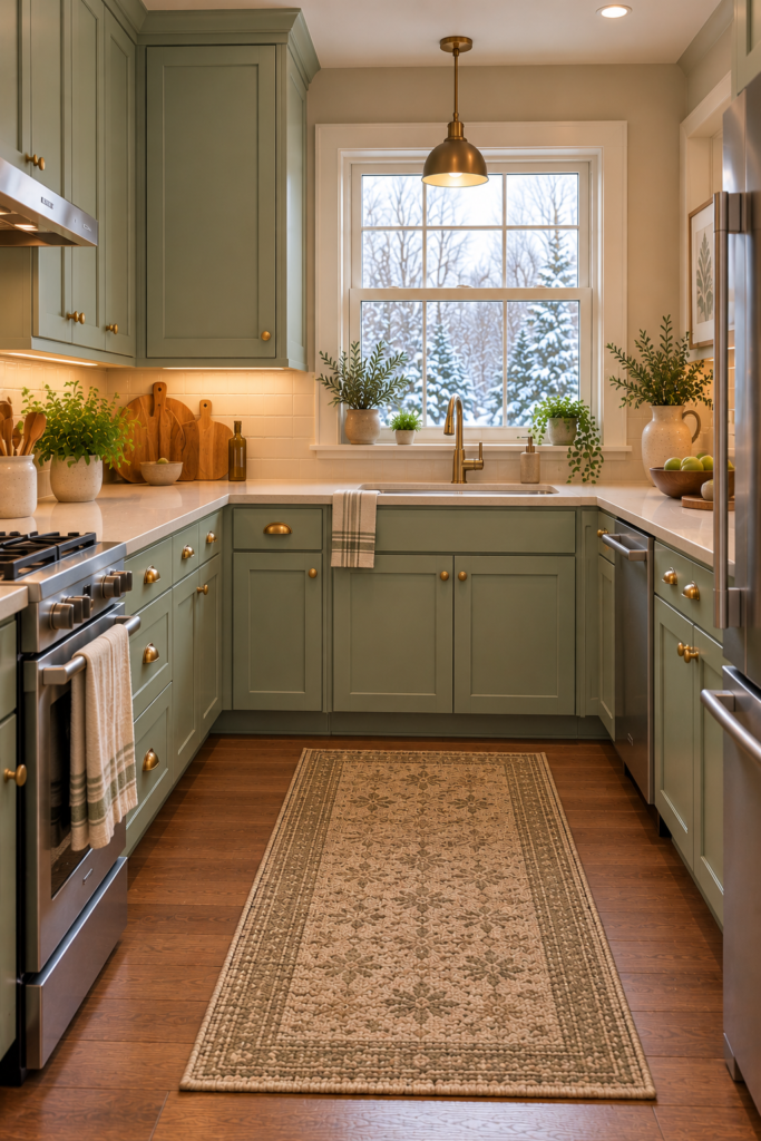 Full mint green kitchen cabinetry paired with warm cream walls, neutral countertops, and medium oak flooring.