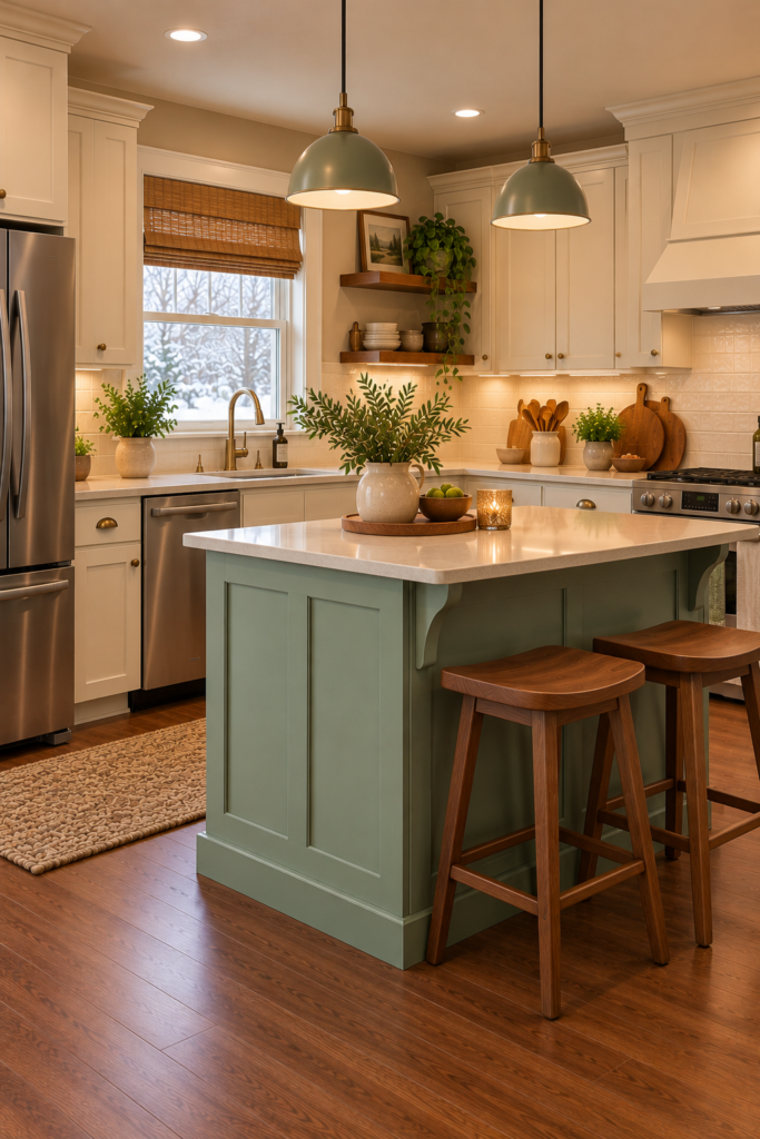 Mint green kitchen island with cream perimeter cabinets, a light countertop, and walnut counter stools.