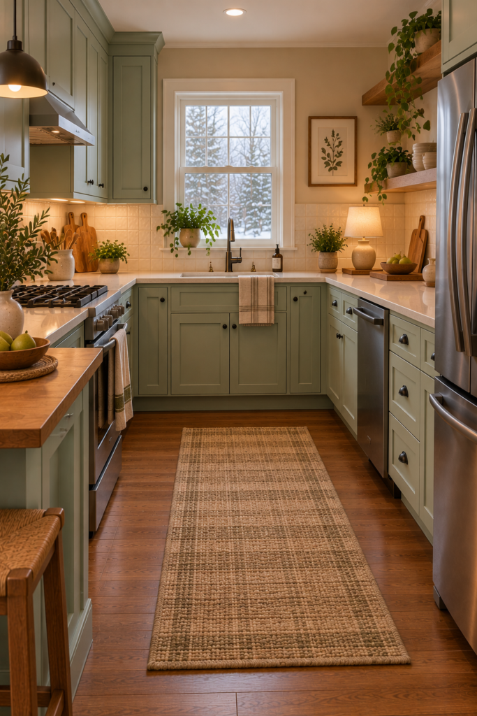 Mint green kitchen cabinets paired with rich walnut shelves, wood accents, and a cream backsplash.