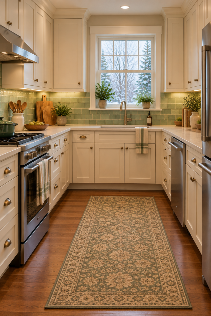 Kitchen with a muted mint green ceramic backsplash, warm cream cabinets, and walnut flooring.