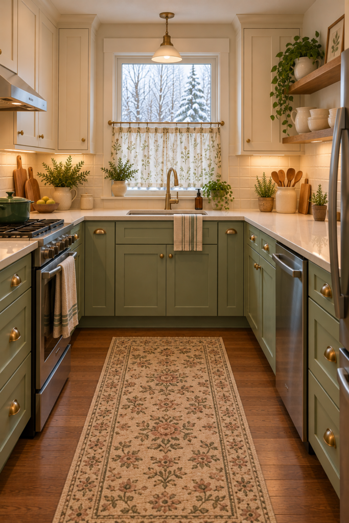 Cottage kitchen with mint lower cabinets, cream upper cabinets, a small floral café curtain, and cream ceramics.