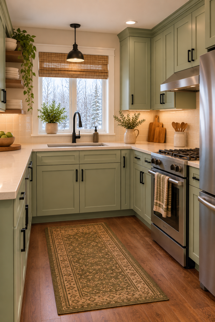 Modern mint green kitchen with matte-black hardware, a dark faucet, cream countertops, and walnut-look flooring.