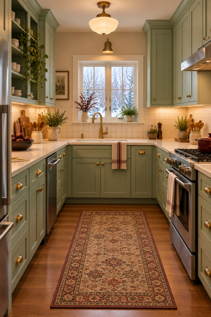 Vintage-inspired mint kitchen with cream square backsplash tile, wood flooring, and retro-style lighting.
