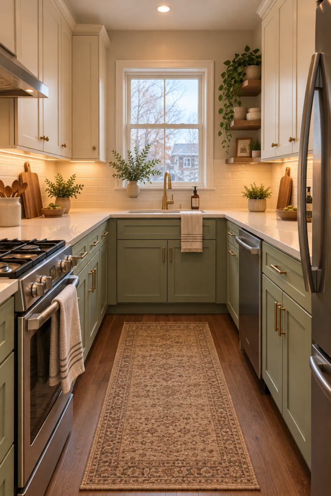 Small kitchen with light mint green cabinets, cream countertops, walnut accents, and under-cabinet lighting.