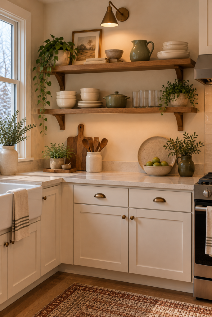 Walnut open kitchen shelves styled with cream dishes, mint green ceramics, and a small potted plant.
