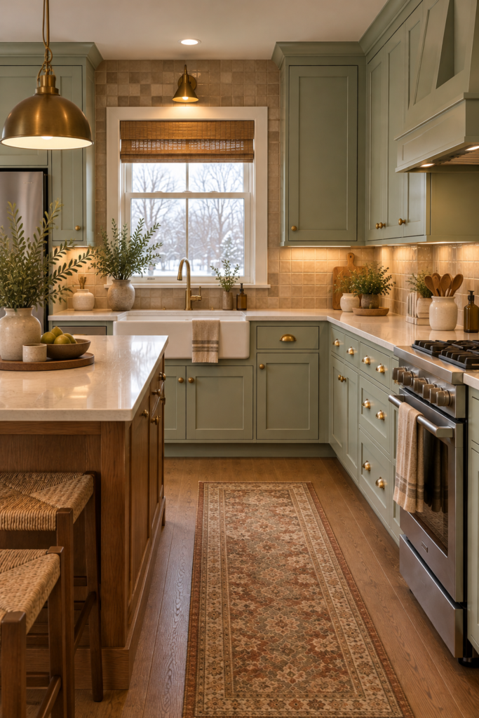 Mint green kitchen cabinetry paired with mushroom taupe walls, warm wood accents, and neutral tile.