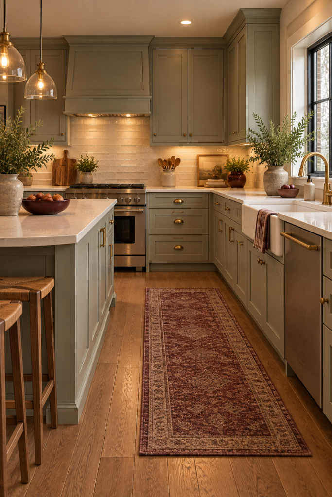 Mint green kitchen with dusty burgundy accents in a ceramic bowl, runner, and window shade.