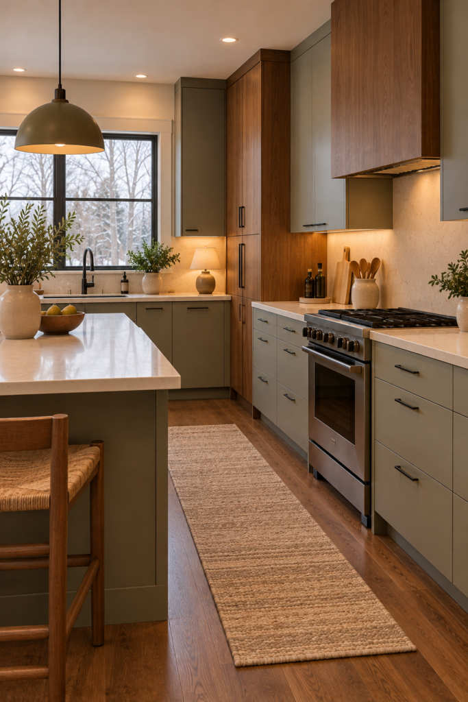 Modern mint green kitchen with flat-panel cabinetry, walnut tall cabinets, cream counters, and matte-black hardware.