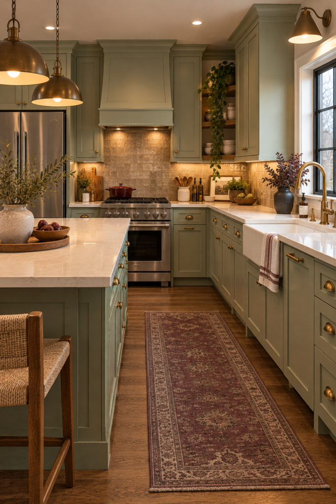 Layered mint green kitchen with warm cream surfaces, walnut accents, mushroom tile, aged-brass hardware, and subtle burgundy details.